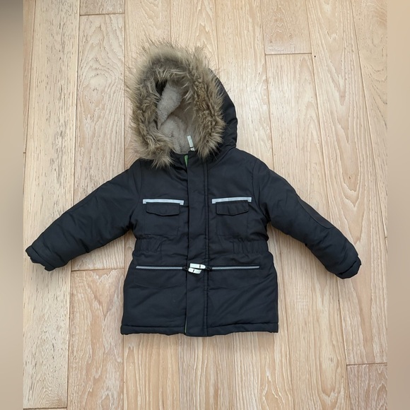 Cat and Jack snow jacket size‎ 3T gray with green detail fur-hood zipper pockets - Picture 1 of 4